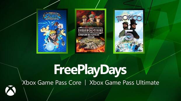 Imagen promocional de los Free Play Days de Xbox para el fin de semana del viernes 27 de septiembre al lunes 30 de septiembre con Naruto X Boruto Ultimate Ninja Storm Connections, Sudden Strike 4 European Battlefield Edition y Tropico 5 - Penultimate Edition