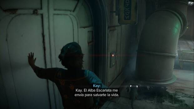 Star Wars Outlaws - El pasajero: Kay habla con Jadd Flaxum a través de una puerta en la Estación de Achra
