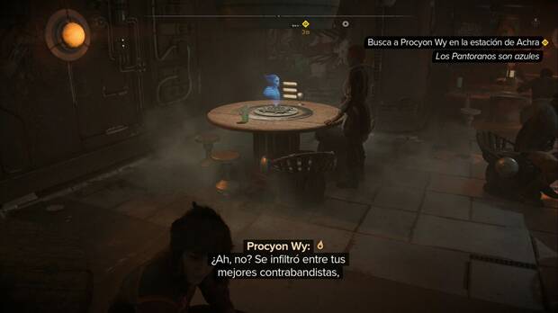 Star Wars Outlaws - El pasajero: Procyon Wy habla con su cliente en una mesa de la cantina de la Estación de Achra