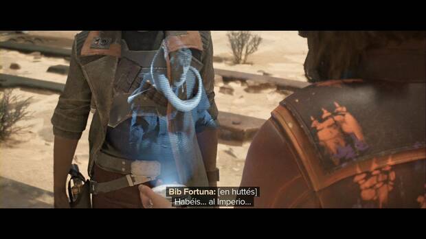 Star Wars Outlaws - El favor de Jabba: Bib Fortuna avisa a Kay y Vail de que les han seguido