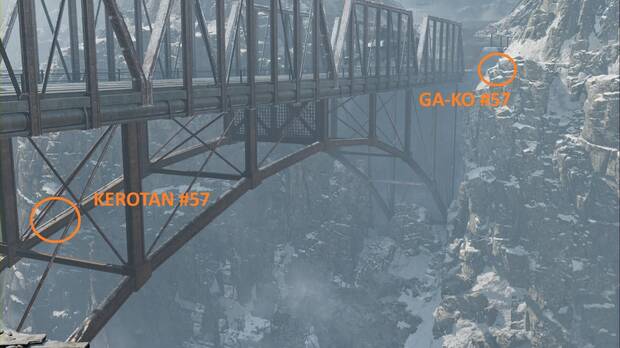 Metal Gear Solid Delta - Huida de Groznyj Grad, GA-KO #57 y Kerotan #57 en el puente ferroviario, bajo los arcos del lado izquierdo y en las rocas del fondo, a la derecha del puente, respectivamente