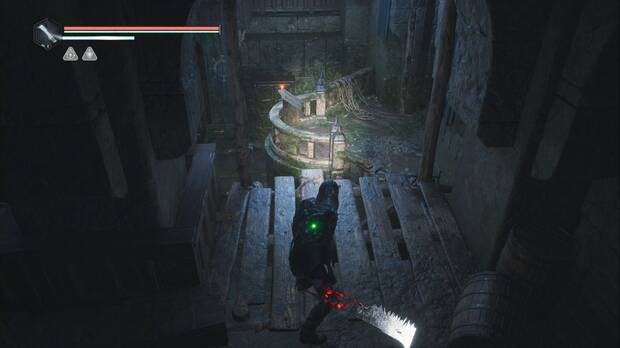 Hell is Us - Lago Cynon, balcón en la zona de la galería de las columnas y las escaleras