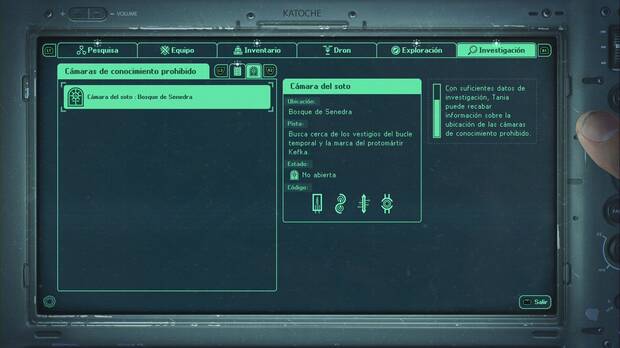Hell is Us - Cmara de conocimiento prohibido, men de las investigaciones en el panel tctil