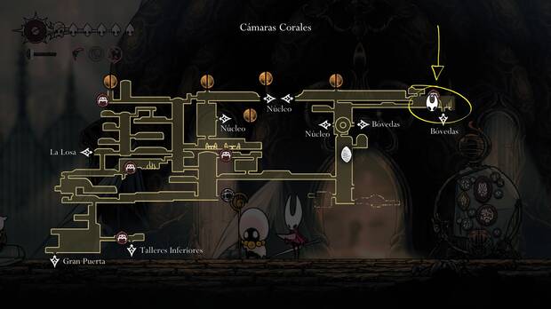 Hollow Knight Silksong - Localización en el mapa del inicio de la misión Construcción de Enclave Cancioneril