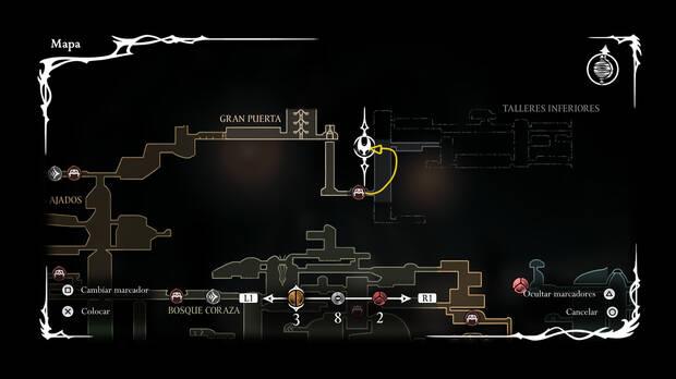 Hollow Knight Silksong - Ubicación del mapa de los Talleres Inferiores