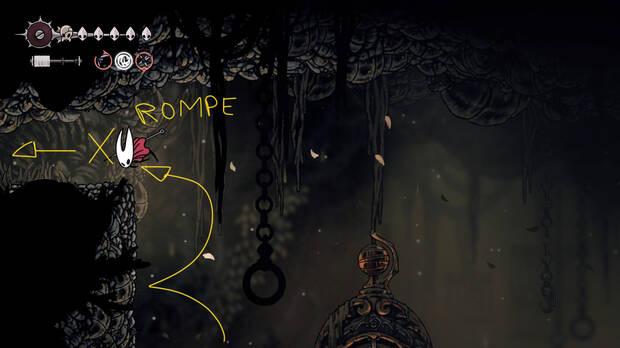 Hollow Knight Silksong - Muro secreto para destruir en la sala del banco roto del Camino del Pecador