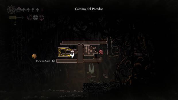 Hollow Knight Silksong - Ubicación en el mapa del Camino del Pecador de la sala secreta para arreglar el banco atascado