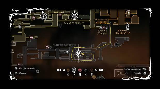 Hollow Knight Silksong - Localización en el mapa donde se desbloquea el arte ancestral Garra elongada