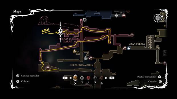 Hollow Knight Silksong - Localización en el mapa de Nuez de corteza de la misión Gran sabor de Telalejana