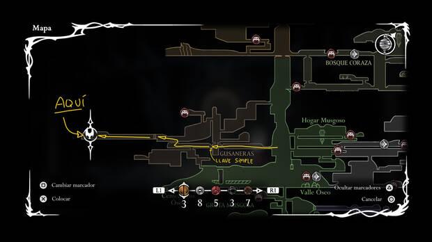 Hollow Knight Silksong - Localización en el mapa donde se desbloquea la habilidad de seda Dardo veloz