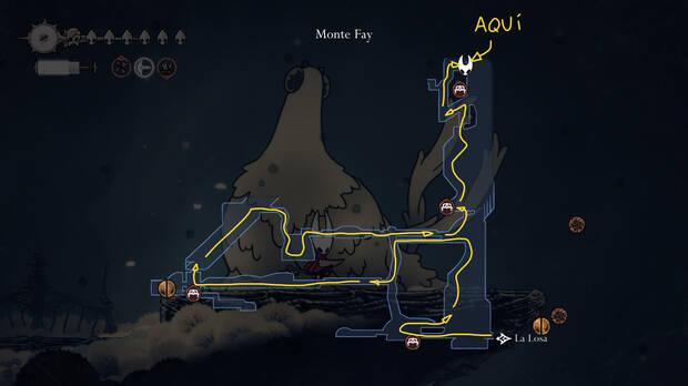 Hollow Knight Silksong - Localización en el mapa donde se desbloquea la Capa de fayforno, el doble salto