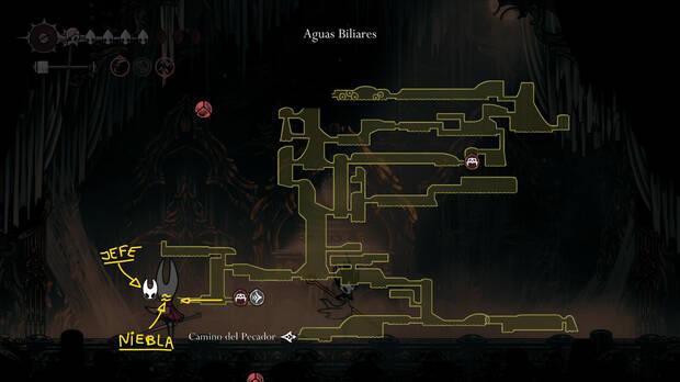 Hollow Knight Silksong - Localización en el mapa donde se desbloquea la habilidad de seda Punto de cruz