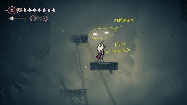 Hollow Knight Silksong - Tocar el agujolín al lado de las mariposas de la niebla para avanzar