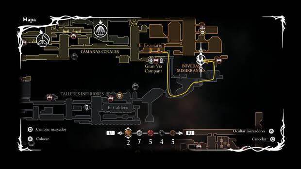 Hollow Knight Silksong - Recorrido en el mapa para completar la misión Melodía de los Guardianes de las Bóvedas