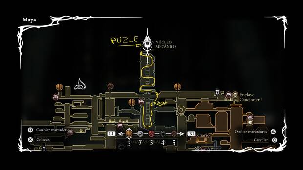 Hollow Knight Silksong - Recorrido en el mapa para completar la misión Melodía de los Arquitectos