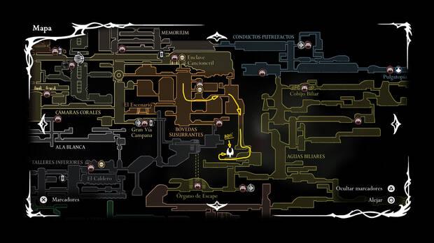Hollow Knight Silksong - Localización en el mapa del Cogollo Retorcido para la misión Rito de renacimiento
