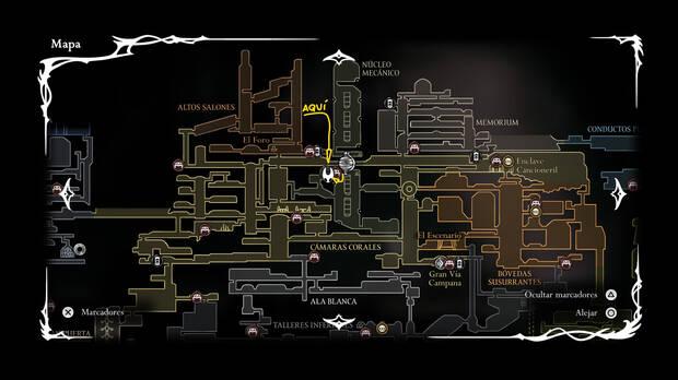 Hollow Knight Silksong - Localización en el mapa del Segundo Centinela para comenzar la misión Audiencia final