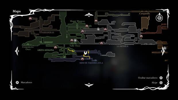 Hollow Knight Silksong - Localización en el mapa del Fijatrampas para la misión Seda y alma