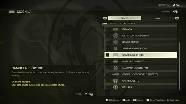 Metal Gear Solid Delta - Camuflaje óptico, objeto en el menú de la mochila