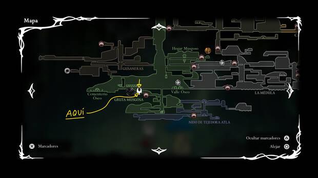 Hollow Knight Silksong - Localizacin en el mapa del Seor Seta en el acertijo 01 de la misin Cambio de era