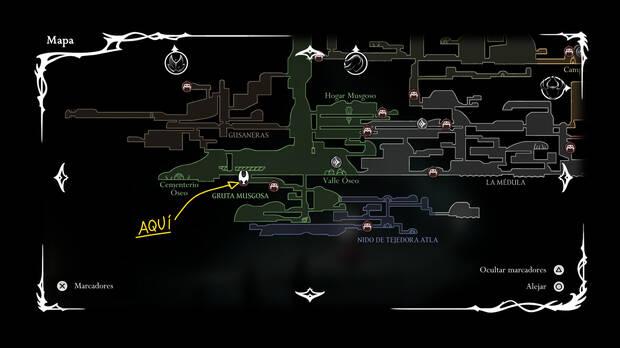 Hollow Knight Silksong - Localización en el mapa donde se desbloquea la melodía de agujolín Elegía de las profundidades