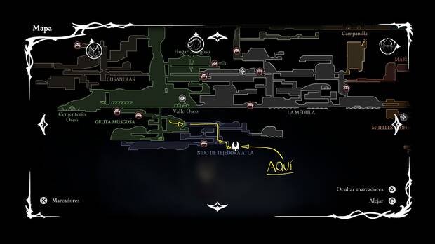 Hollow Knight Silksong - Localización de Eva en la zona Nido de Tejedora Atla