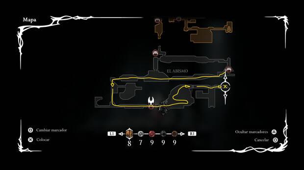 Hollow Knight Silksong - Localización en el mapa del Abismo del objeto Vistalejana dentro del Nido de Tejedora Absolom