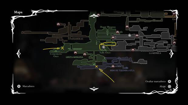 Hollow Knight Silksong - Localización en el mapa de las demás bayas musgosas de Valle Óseo