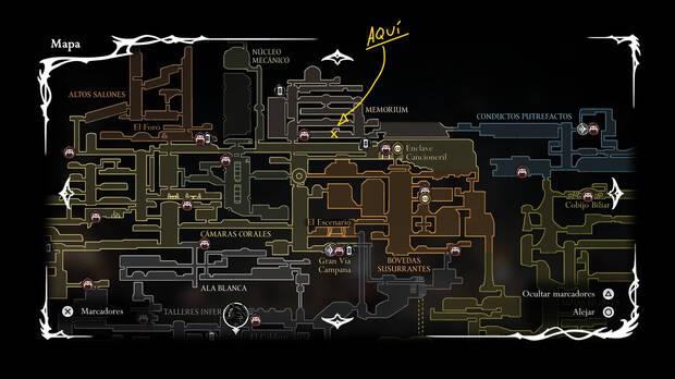 Hollow Knight Silksong - Localización en el mapa de la baya musgosa del Memorium