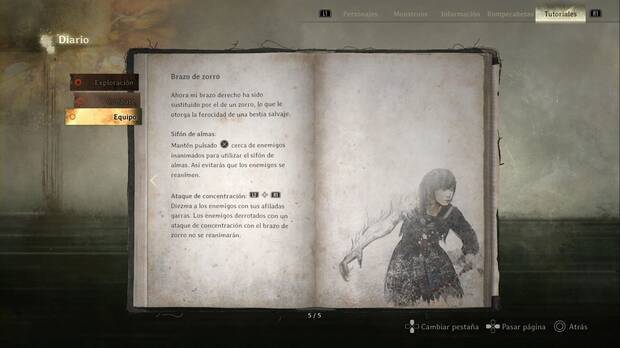 Silent Hill f - Sala principal, menú de equipo del diario con las explicaciones del brazo de zorro