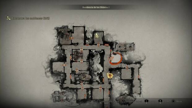 Silent Hill f - Residencia de los Shimizu, mapa de la planta baja con puntos de inters marcados y la ubicacin del Cadver seco (14) en una de las habitaciones