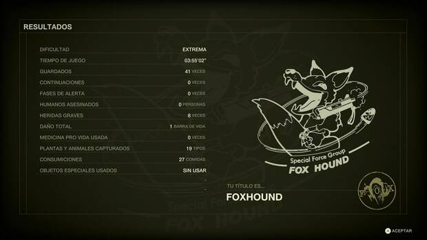 Metal Gear Solid Delta - Pantalla de resultados con el rango FOXHOUND