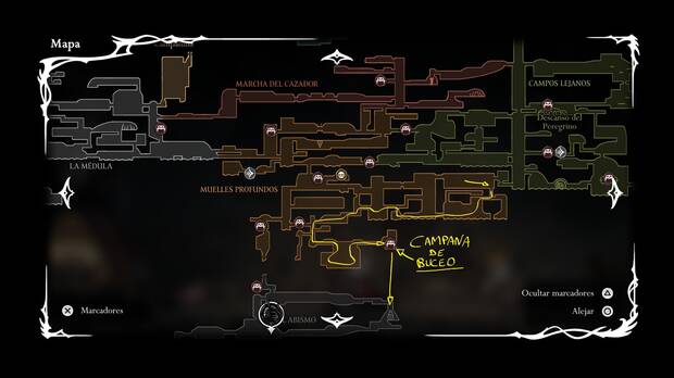 Hollow Knight Silksong - Localización en el mapa de la campana de buceo y la entrada al Abismo