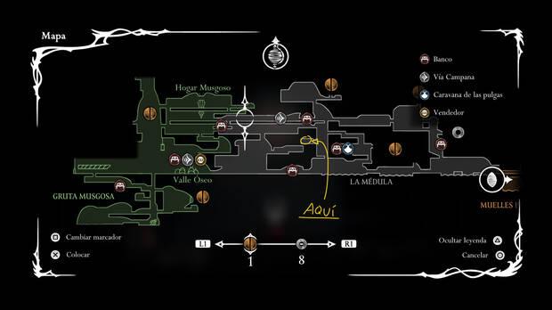 Hollow Knight Silksong - Ubicación en el mapa de la herramienta Colgante fragmentador