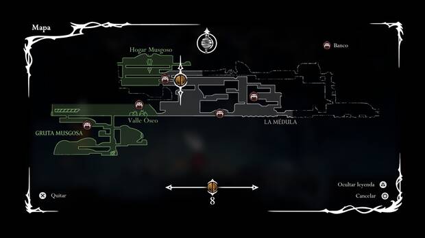 Hollow Knight Silksong - Ubicación de la comerciante Shakra y el mapa de las tierras musgosas, Valle Óseo