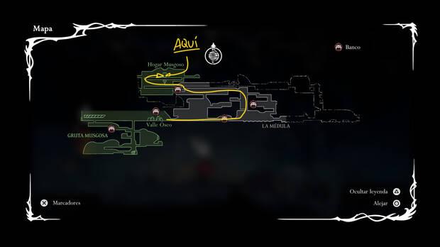 Hollow Knight Silksong - Localización en el mapa donde se desbloquea la habilidad de seda Lanza sedeña