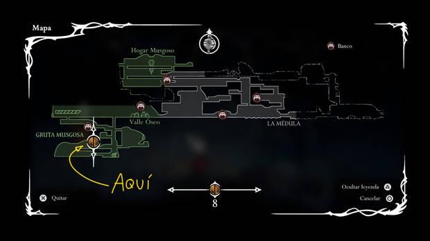 Hollow Knight Silksong - Localización en el mapa de la baya musgosa 01 de la misión Recolección de bayas