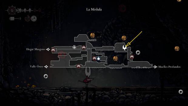 Hollow Knight Silksong - Localización en el mapa del Pedernajo y pedergema 01 de la misión Pedernajos volátiles
