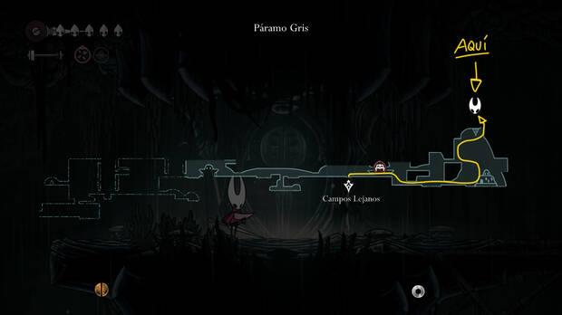 Hollow Knight Silksong - Localización en el mapa donde se desbloquea la habilidad de seda Tormenta de hilos