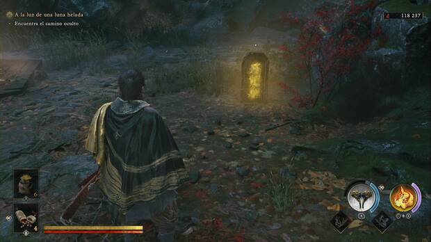 Onimusha: Way of the Sword - A la luz de una luna helada, monolito iluminado en la zona de la plaza al final del camino