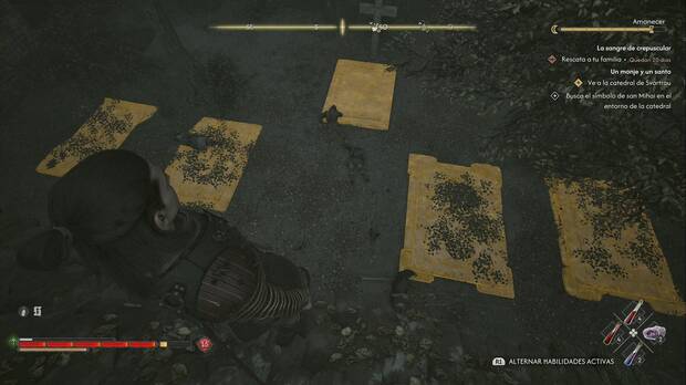 The Blood of Dawnwalker - Un monje y un santo; losas en el suelo del patio de la catedral que se pueden inspeccionar