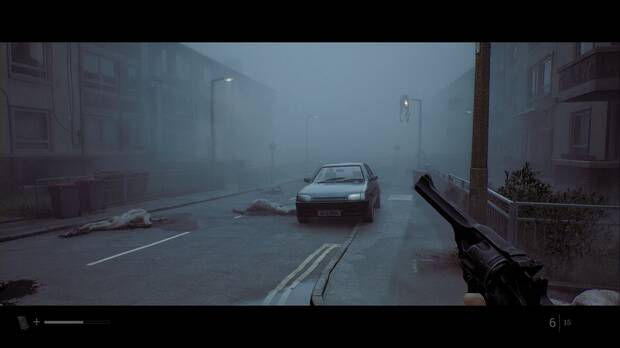 Silent Hill Townfall - Volver a empezar; cruce de la calle de los cad�veres, mostrando el desv�o derecho donde se ve un cuerpo colgando de una farola