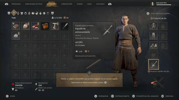 The Blood of Dawnwalker - Marchitarse, menú de inventario con la espada equipada