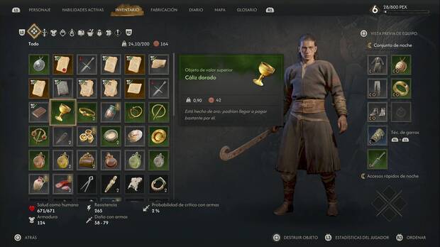 The Blood of Dawnwalker - Mala sangre; inventario de Coen con armas y armaduras equipadas