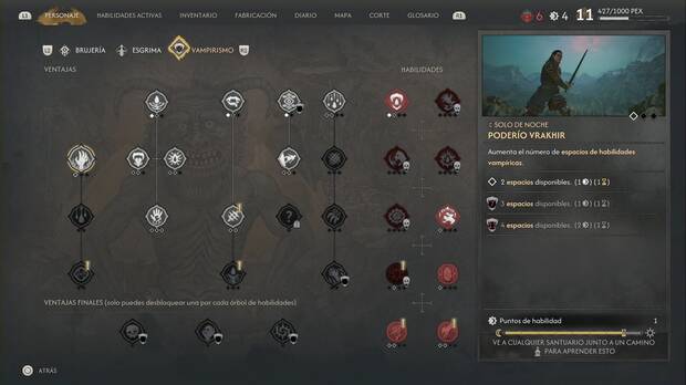 The Blood of Dawnwalker - Mejores habilidades; men� de habilidades de Vampirismo