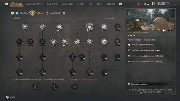 The Blood of Dawnwalker - Mejores habilidades; men� de habilidades de Esgrima con Vigor destacada