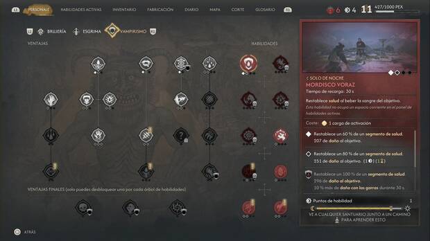 The Blood of Dawnwalker - Mejores habilidades; men� de habilidades de Vampirismo con Mordisco voraz destacado