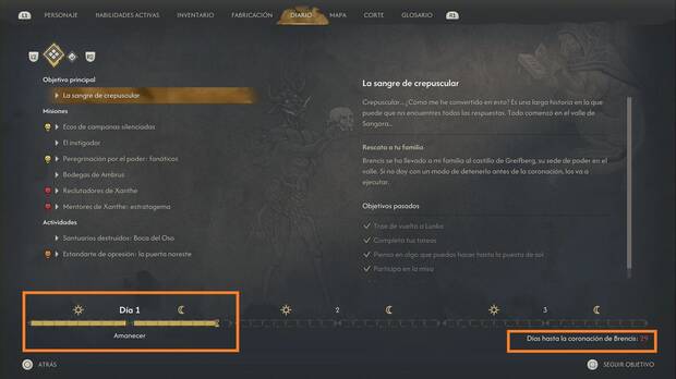 The Blood of Dawnwalker - Sistema de tiempo, día y noche; menú de Diario con los días pasados, segmentos restantes y días hasta la coronacion