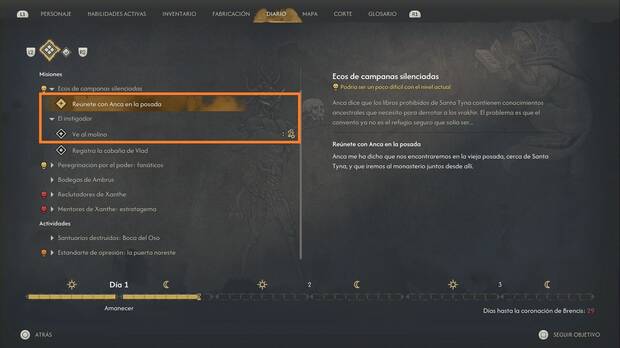 The Blood of Dawnwalker - Sistema de tiempo, día y noche; menú de consumo de tiempo con indicadores de consumo de tiempo