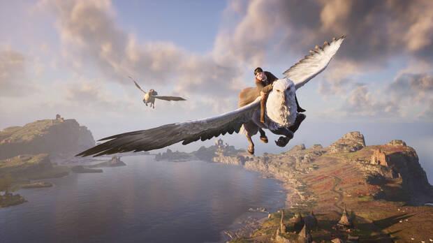 Imagen de un jugador volando en grifo en Hogwarts Legacy